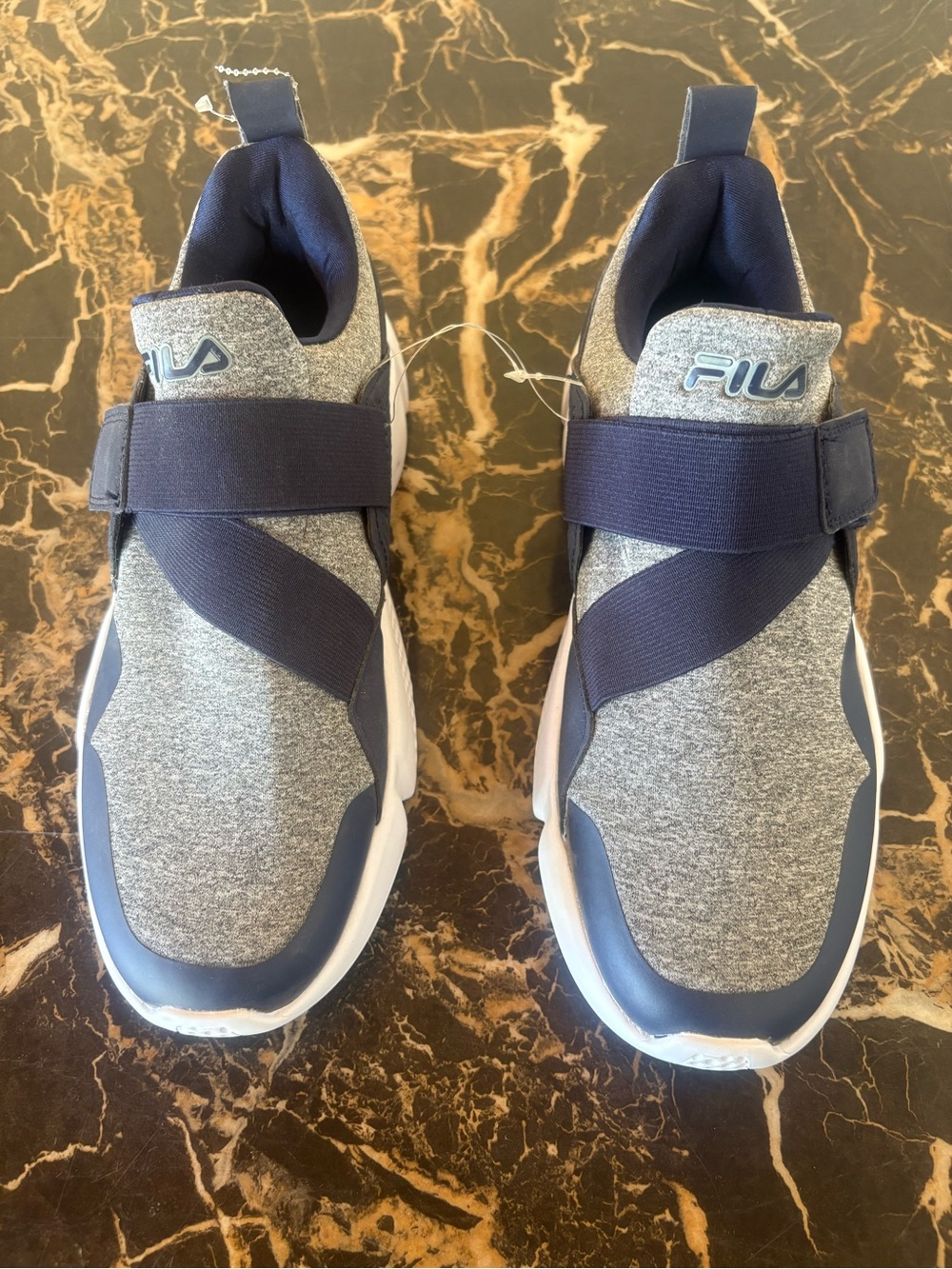 Fila Women’s Grey and Navy Slip-On Sneakers with Cross Strap